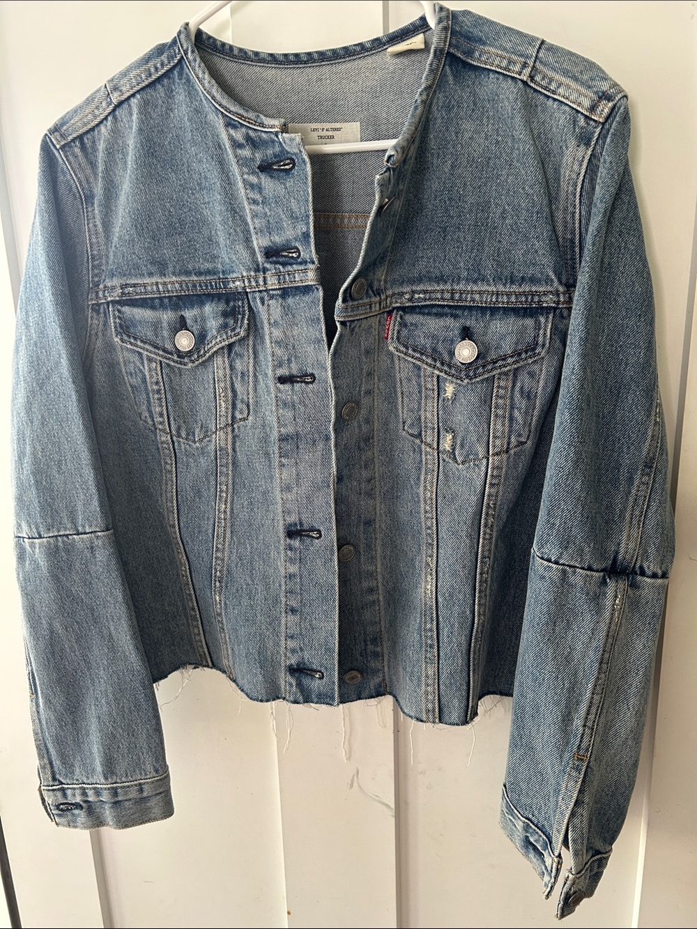 Levi's Altered Trucker L Distressed Light Blue Collarless Denim Jacket - Picture 1 of 5